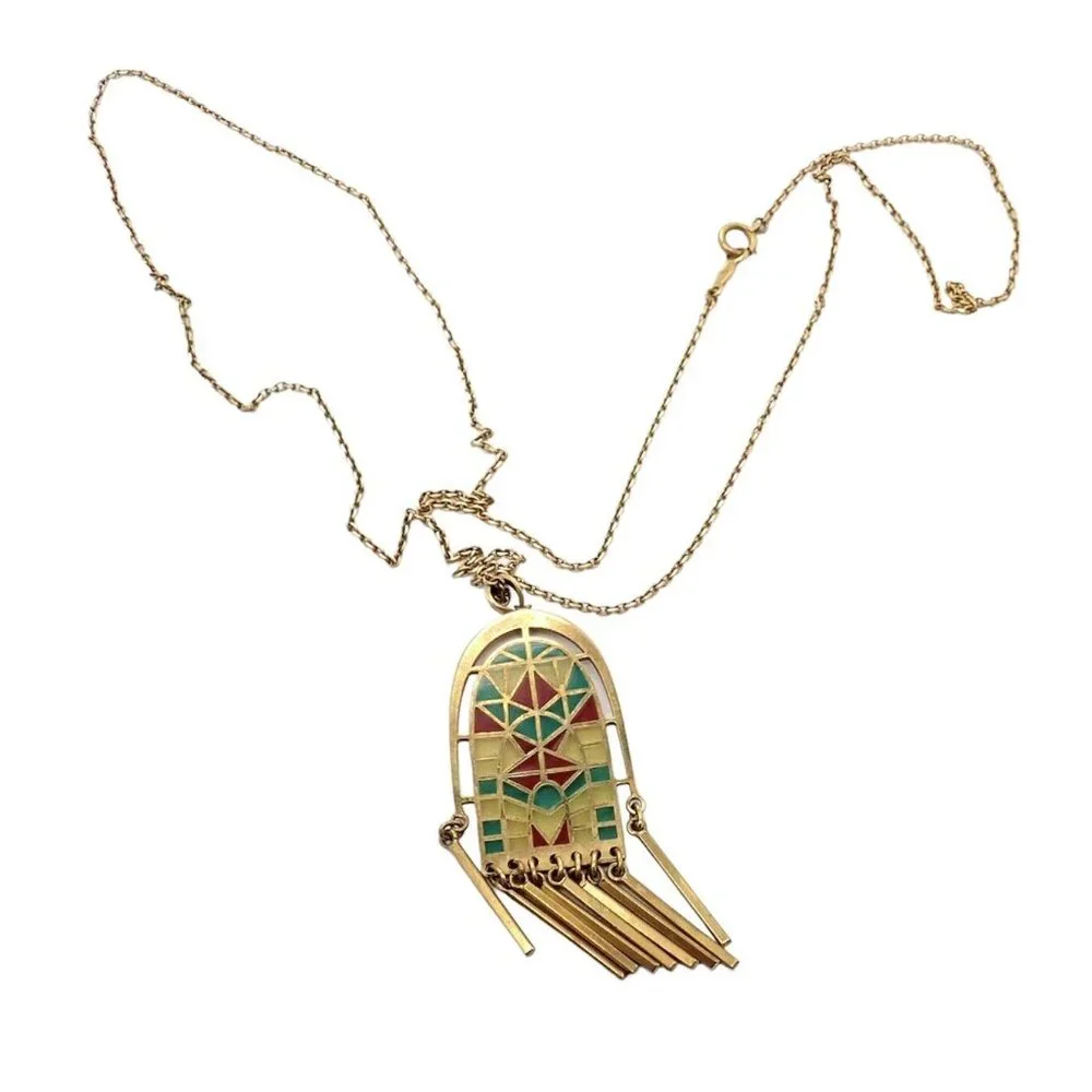 Authentic! Mikimoto 18k Yellow Gold Stained Glass Window Pendant Necklace